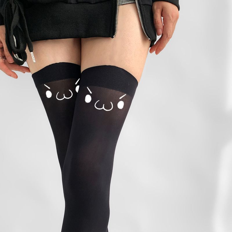 2D Expression Suspender High Tube White Silk Emoji Cute Print Subculture Over-the-Knee Thigh Socks Pure Desire_voghion.com