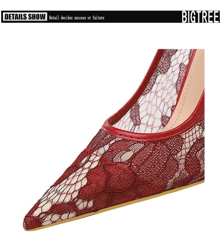Banquet women's shoes slim high heels shallow mouth pointed stilettos high heels mesh hollow lace high heels single shoes_voghion.com