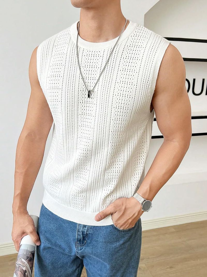 Sommer Herren Neue Einfarbige Strickmode Ärmelloses Top Hohl Atmungsaktiv Rundhals Casual Weste_voghion.com