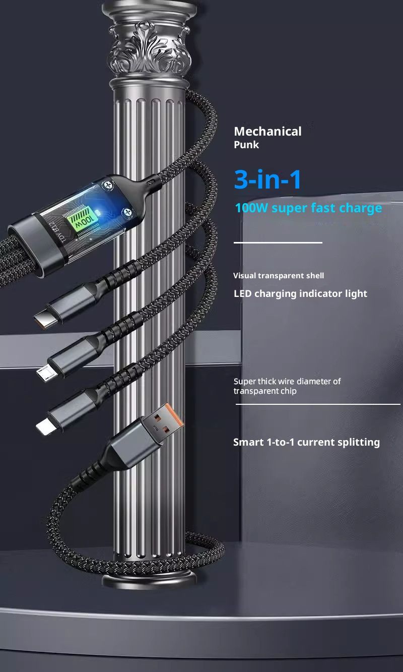 Digitex Transparent Display Smart Chip 100W 3-in-1 Super Fast Charging 6A Data Cable Thickened One-to-Three Braided Wholesale_voghion.com