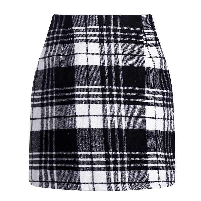 Damesmode geruite rok met hoge taille, strakke potloodwollen minirok_voghion.com