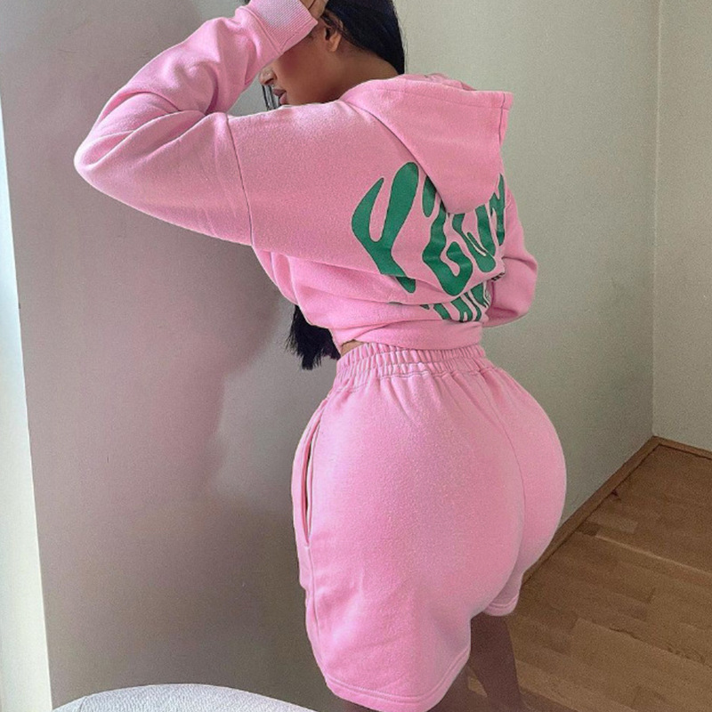 Spring Autumn Printed Long Sleeve Hooded Sweatshirt And Shorts Two-Piece Set For Women_voghion.com