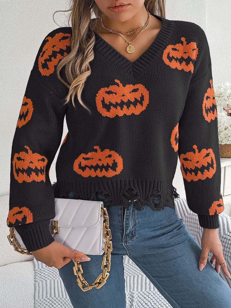Autumn Winter Halloween Color-Block Pumpkin Cut Long Sleeve Pullover Sweater Women's Fashion_voghion.com
