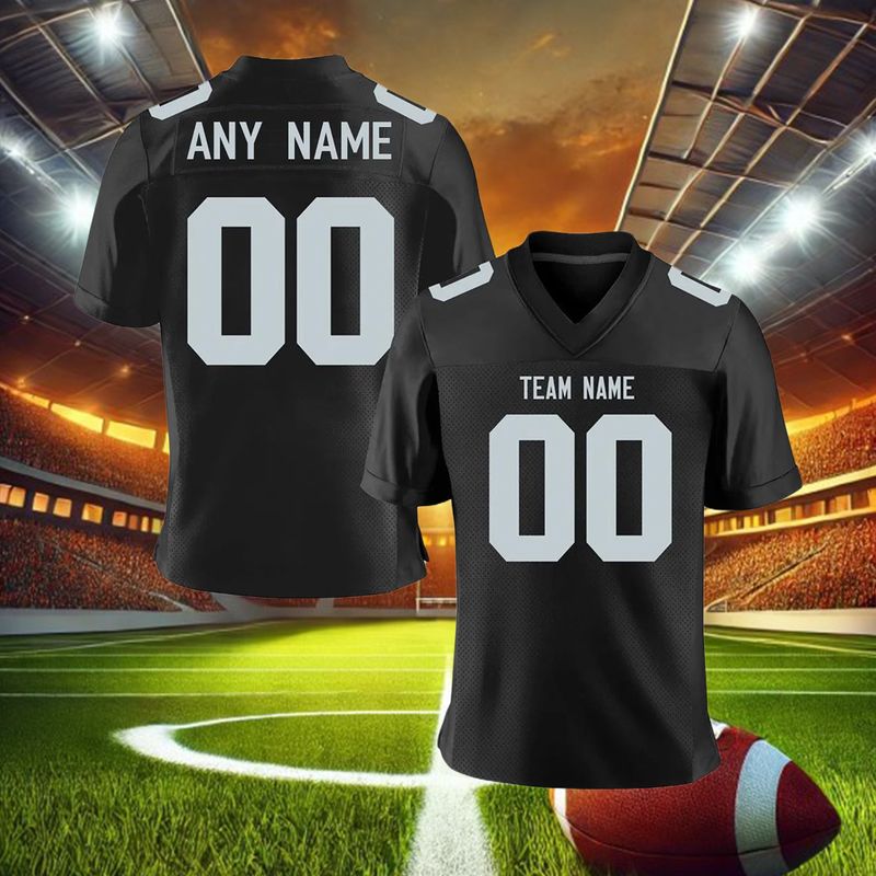 Camisa de futebol americano personalizada preta cinza com nome e número do time impresso adulto infantil respirável torcedor esportivo_voghion.com