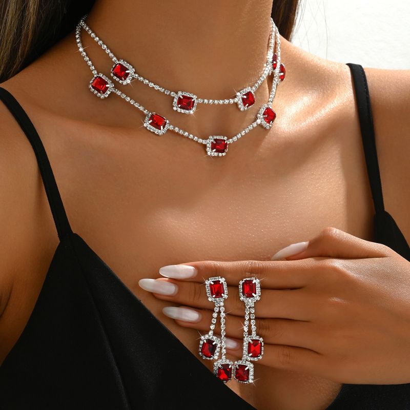 Square Double Layer Necklace Tassel Earrings Light Luxury Wedding Two-Piece Set Multicolor_voghion.com