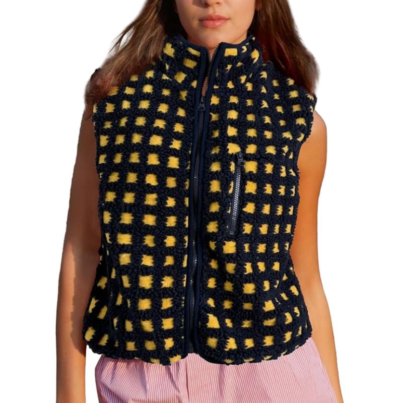 Gilet zippé en polaire gaufrée pour femme, col montant, sans manches, superposition légère et chaude pour l'automne et l'hiver_voghion.com