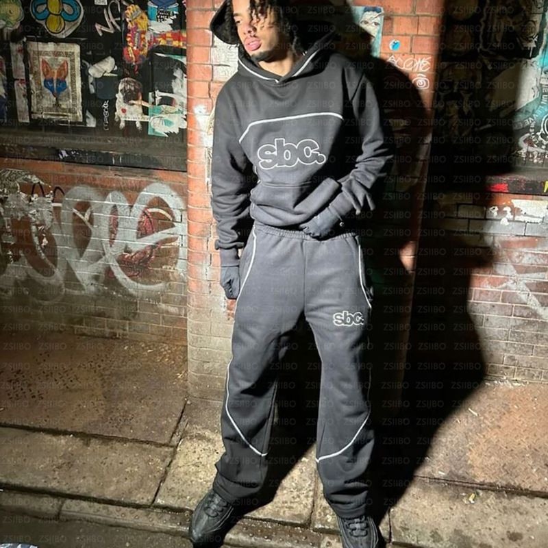 Herrenbekleidung Herren Hip Hop Streetwear Hoodie & Jogger Set mit Buchstabendruck - Trendy Oversized Pullover mit Kapuze und Hose für urbane Mode_voghion.com