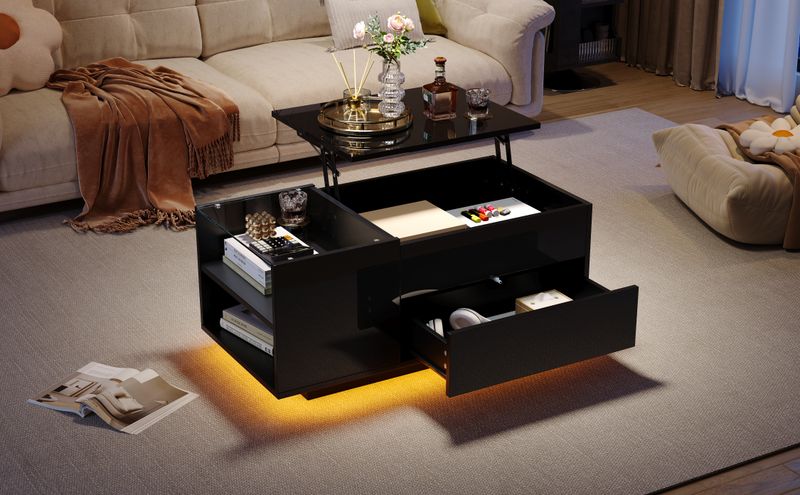 Table basse réglable en hauteur 95 x 48 x 42 cm avec rangement dissimulé, éclairage LED, tiroir et prise de courant - Table d'appoint de salon noire_voghion.com