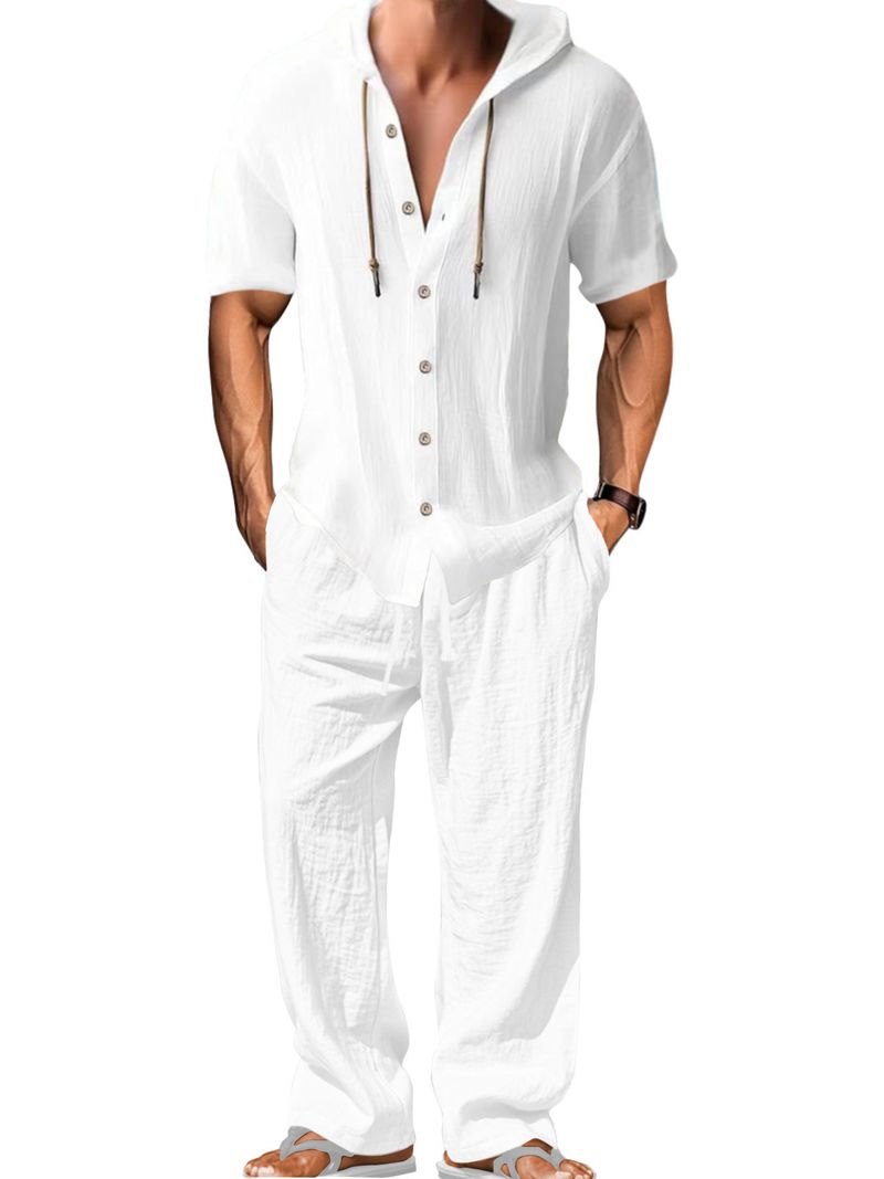 25 Set di pantaloni lunghi larghi con cappuccio e maniche in cotone e lino, casual e sportivo da uomo_voghion.com