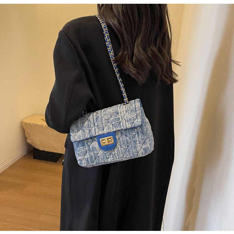 Borsa a tracolla casual in denim da donna con piccola borsa quadrata a tracolla con catena a reticolo di diamanti_voghion.com