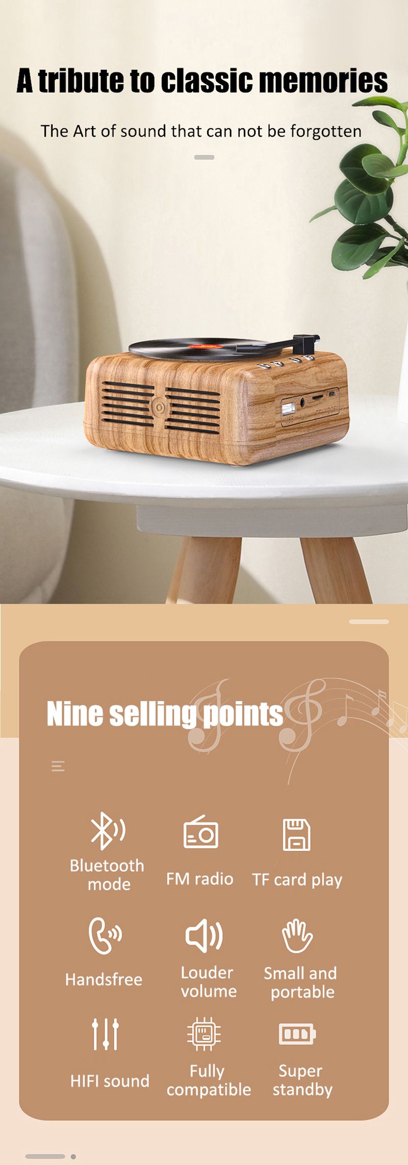 Piccolo mini altoparlante portatile retrò in legno BT con radio FM HIFI effetto sonoro e standby ultra lungo_voghion.com