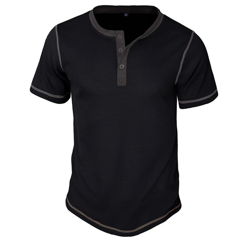 Unbeatable Quality 2024 Summer Short Sleeved Henley Shirt Men's T-shirt Top Color Block Henleys_voghion.com
