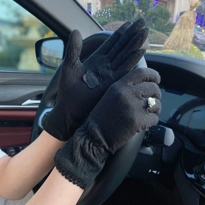 Cienkie damskie rękawiczki przeciwsłoneczne Fresh Style, do ekranów dotykowych, do jazdy samochodem latem, antypoślizgowe, z ochroną UV, z bawełny marszczonej._voghion.com
