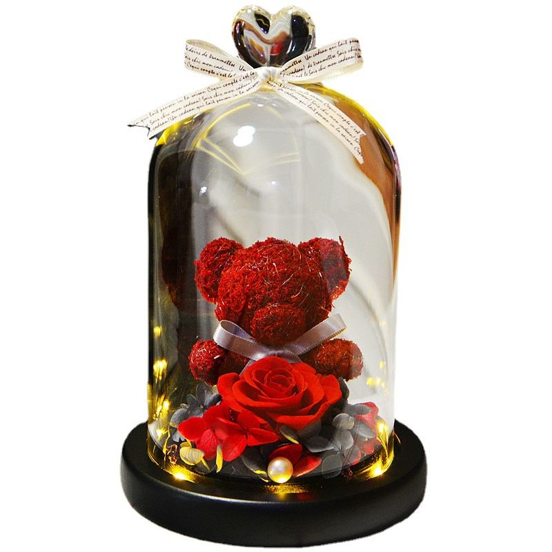 Eternal Preserved Rose Lovely Teddy Bear In Heart Glass Dome with Led Light Wedding Home Decor Mother's Day Gifts for Women Girl_voghion.com