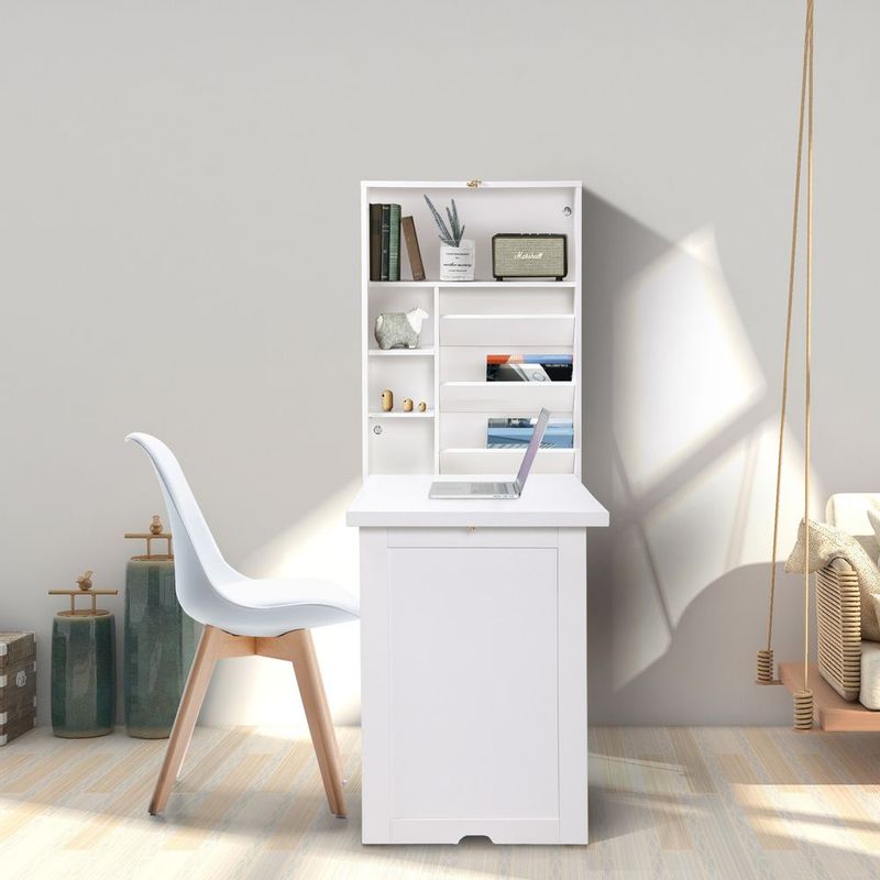 Modern Compact Wood Wall Mounted Folding Desk Cabinet Convertible Writing Desk For Home Office With Storage; White_voghion.com