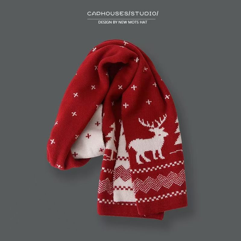 Women's Autumn Winter Reversible Reindeer Scarf Christmas Classic Fashion Warm Knitted Neck Warmer Couple Style New Year_voghion.com