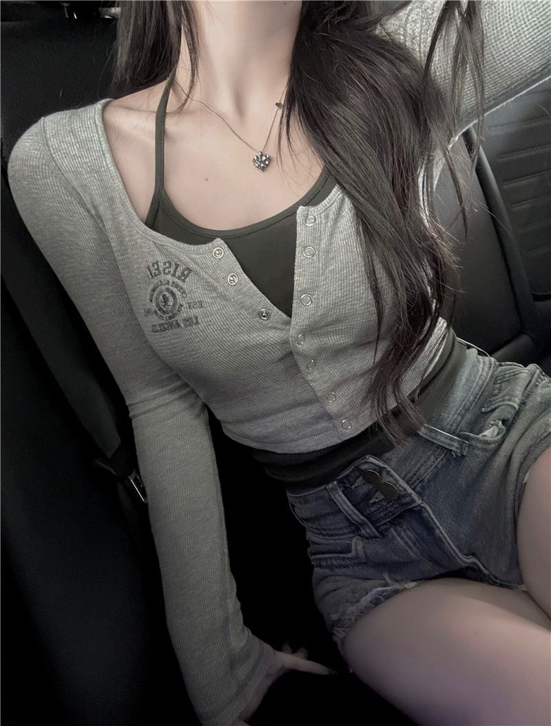 Pure Desire Wind Tweedelige T-shirt met lange mouwen voor vrouwen 2024 Nieuwe lente en zomer Hot Girl Slim Bottom Shirt_voghion.com