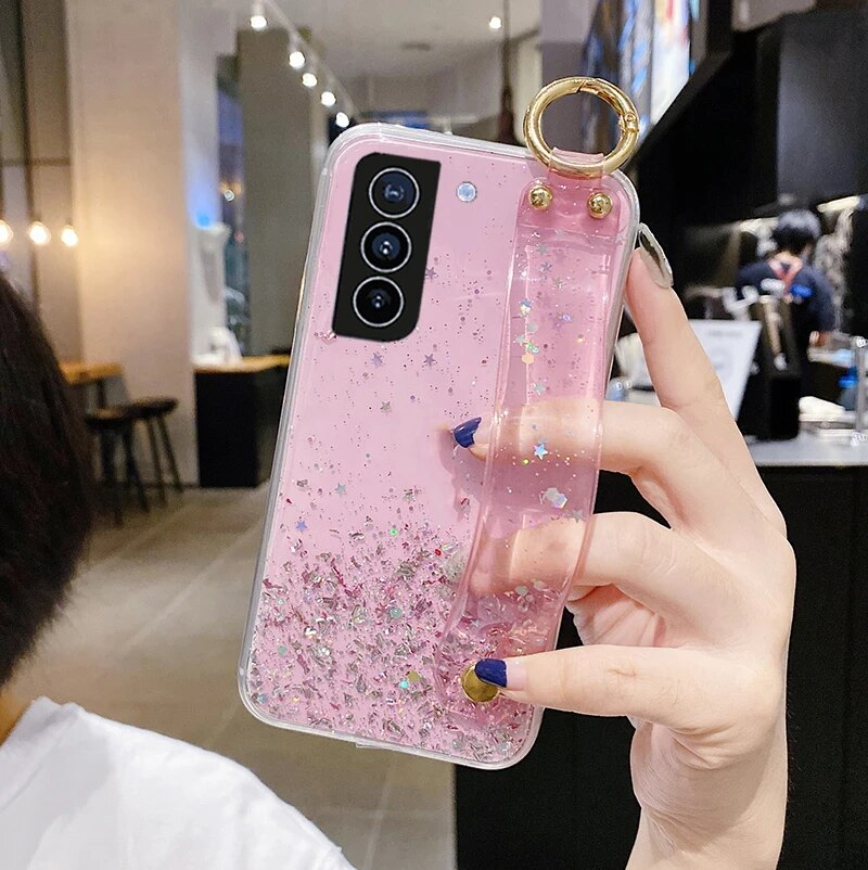 Bling Glitter Polsband Standhouder Case Voor Samsung S24 Ultra S23 S22 Plus S21 S20 FE A14 A54 a53 A23 A52 Soft Clear_voghion.com