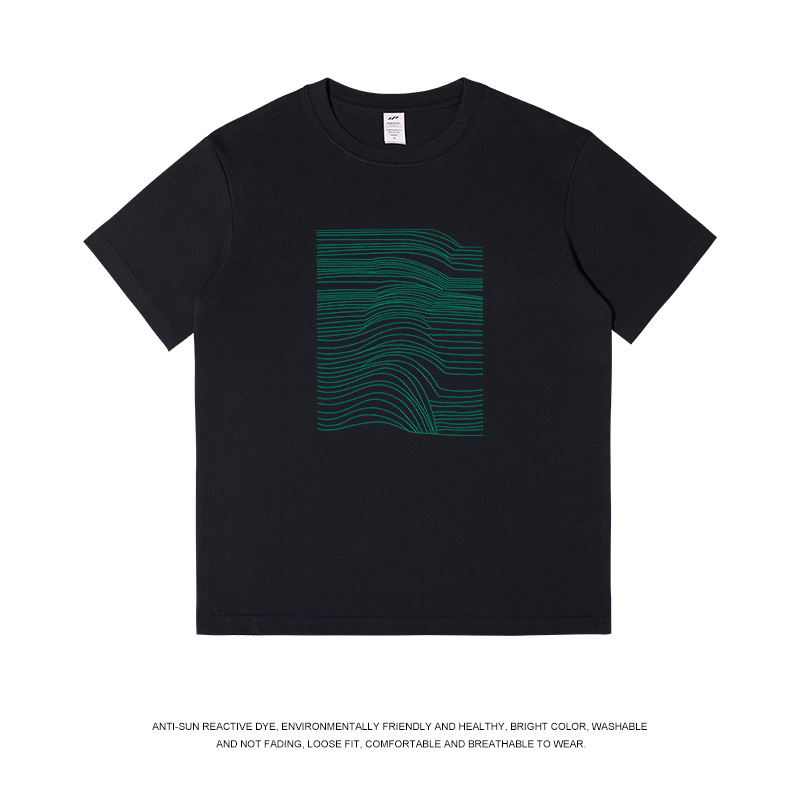 Printemps et été ligne simple imprimé t-shirt à manches courtes hommes coton 230g polyvalent col rond bas haut costume de couple pour femmes_voghion.com