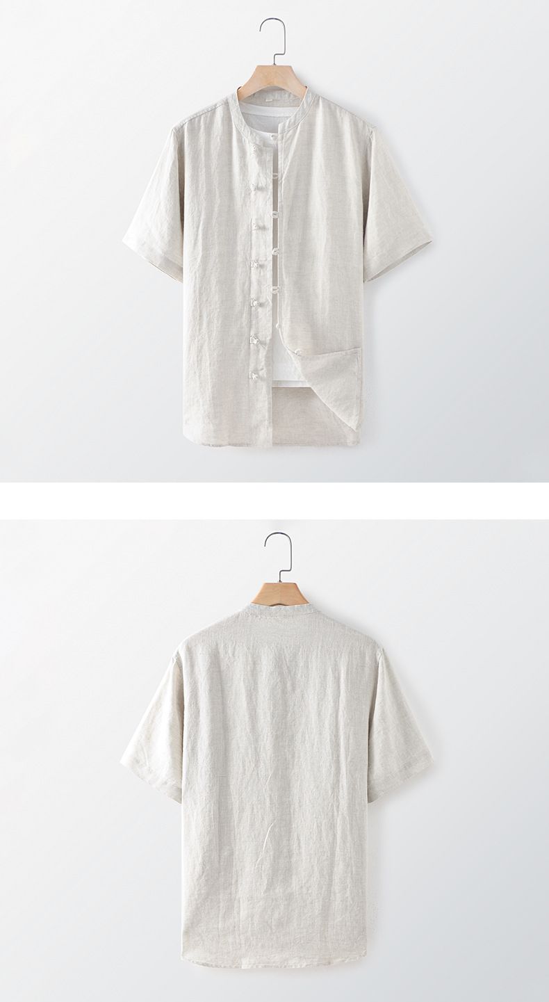 Camicia da uomo in lino con bottoni cinesi, top casual a maniche corte con colletto allentato_voghion.com