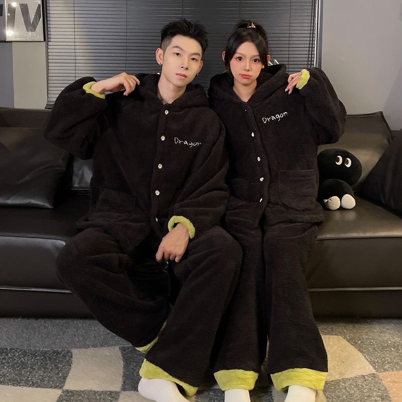 Toothless Couple Little Monster Long Winter Pajamas Cute Cartoon Plus Plush Thick Home Clothes Women's Set_voghion.com