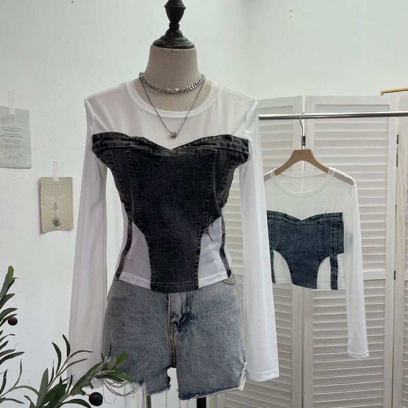 Damenbekleidung Mädchen Design Mesh Splicing Denim Top Langarm Bottoming Shirt Schlankes kurzes Nischen-T-Shirt_voghion.com