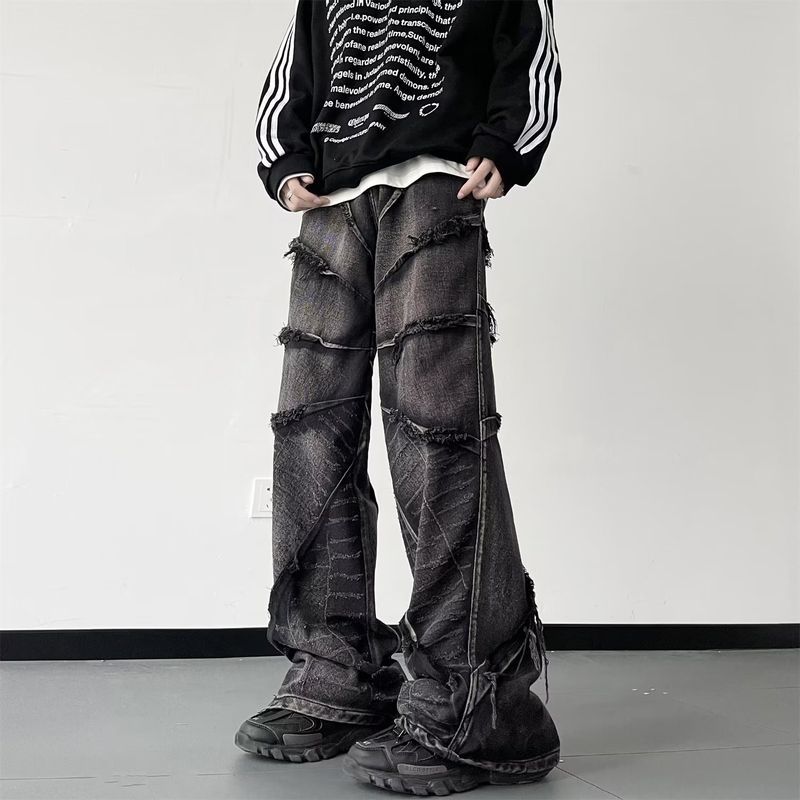 Pantaloni de cerat negru spălat, de înaltă calitate, în stil american, stil high street, ușor evazați, blugi, pantaloni periați, pentru bărbați_voghion.com