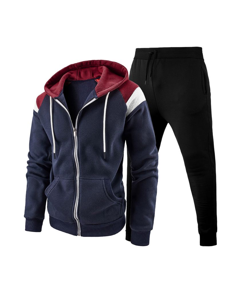 Men's Color-Block Zip-Up Hoodie & Joggers Set – Trendy Streetwear, 100% Polyester, Breathable & Lightweight (Oversized Fit, Unisex Appeal)_voghion.com