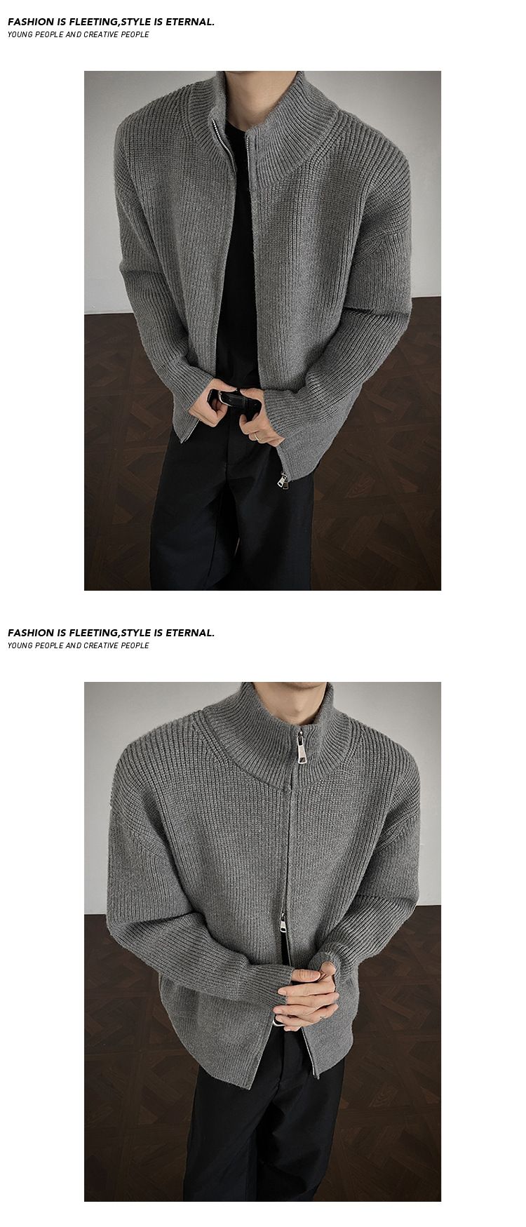 Unisex-Pullovermantel mit Stehkragen und Reißverschluss – Stilvolle Herbststrickmode mit schmaler Passform, Retro-Design und modischem Look_voghion.com