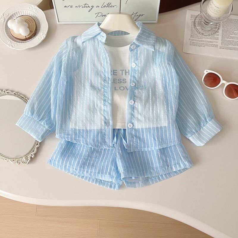 2024 Sommer Neue Koreanische Ausgabe für Mädchen Insektensichere Sonnenschutzkleidung Langarmshorts 3-teiliges Set 24213_voghion.com