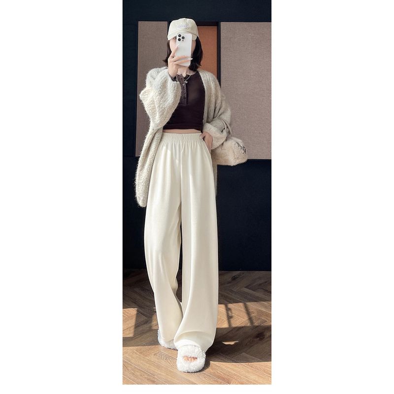 Pantaloni larghi e stretti in pile spesso per autunno e inverno da donna, larghi e drappeggiati, vita alta, snellenti, casual, dritti_voghion.com