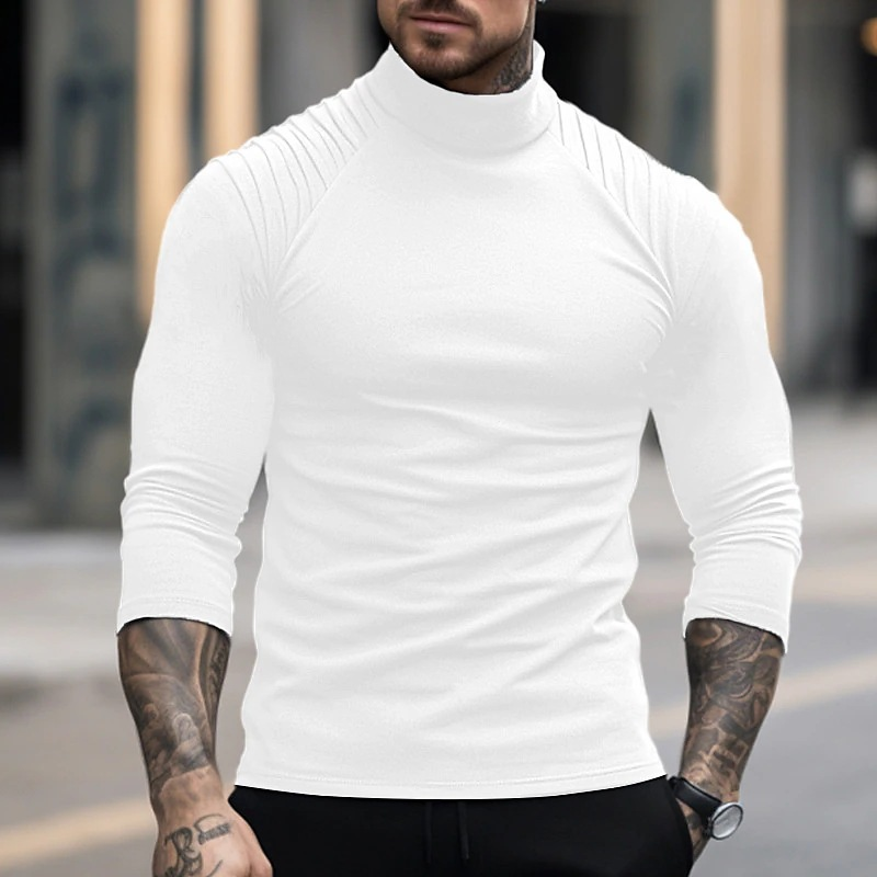 Man's clothing Men's solid color slim-fit high-neck long-sleeved T-shirt personality fashion pleated with rotator sleeves_voghion.com