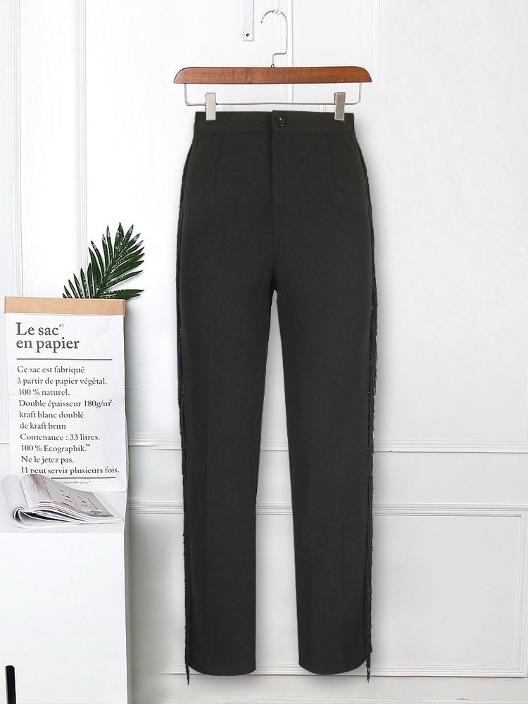 Breathable elastic high waist slim straight trousers tassel edge high elastic large size women's casual_voghion.com