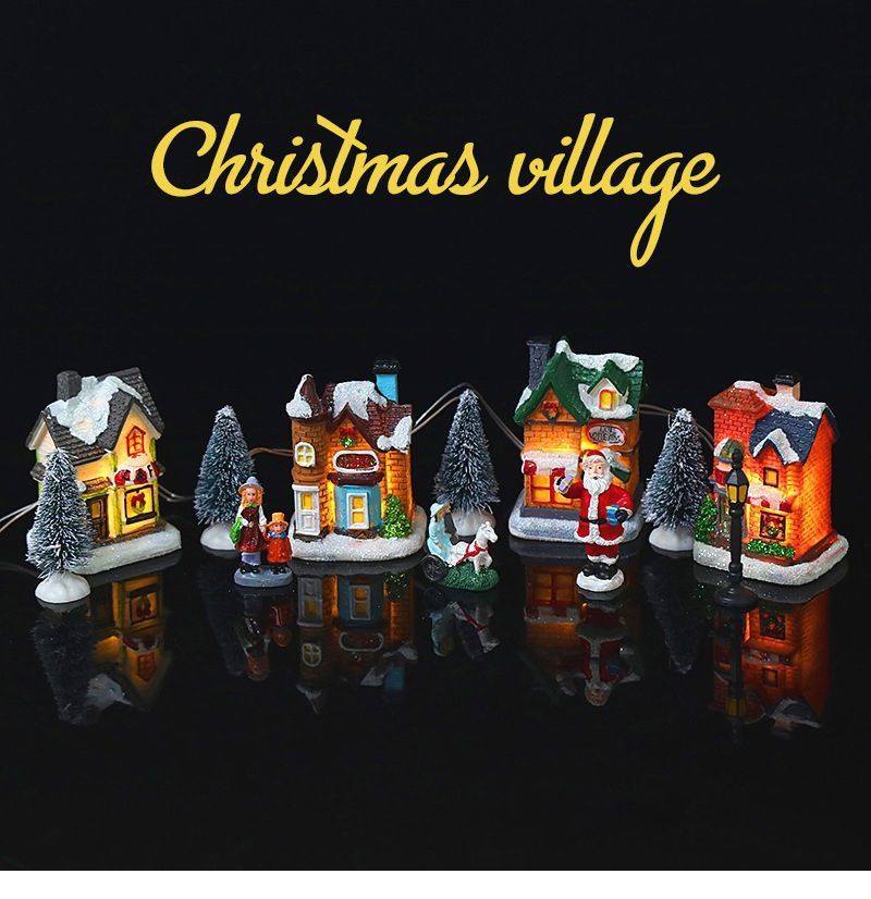LED Resin Christmas Village Ornaments Set Figurines Decoration Santa Claus Pine Needles Snow View House Holiday Gift Hom_voghion.com
