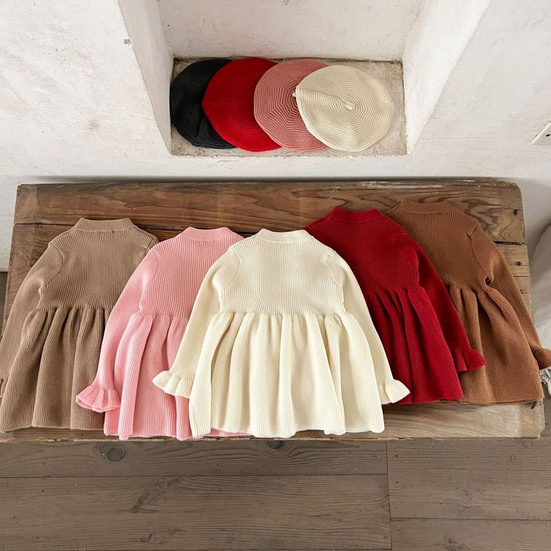 Kleinkind Mädchen Kleidung Baby Baumwolle Trompete Manschetten Wollkleid Säugling Frühling und Herbst Pullover Kleid_voghion.com