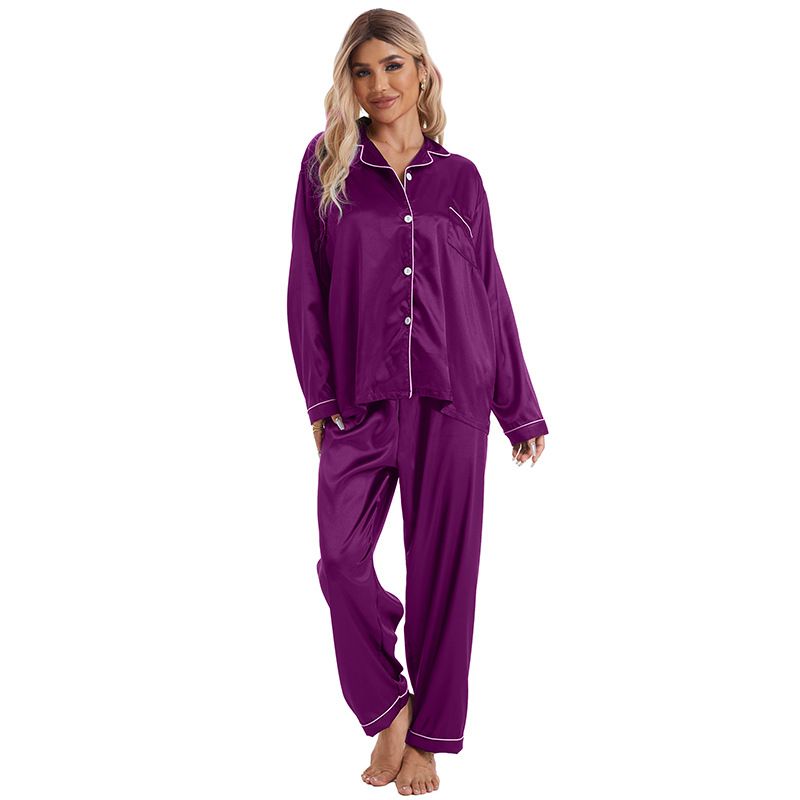 Homewear Turn-down Collar Ice Silk Pajamas Women's Sleeve Long Pants Two-piece Set Plus Size Satin_voghion.com