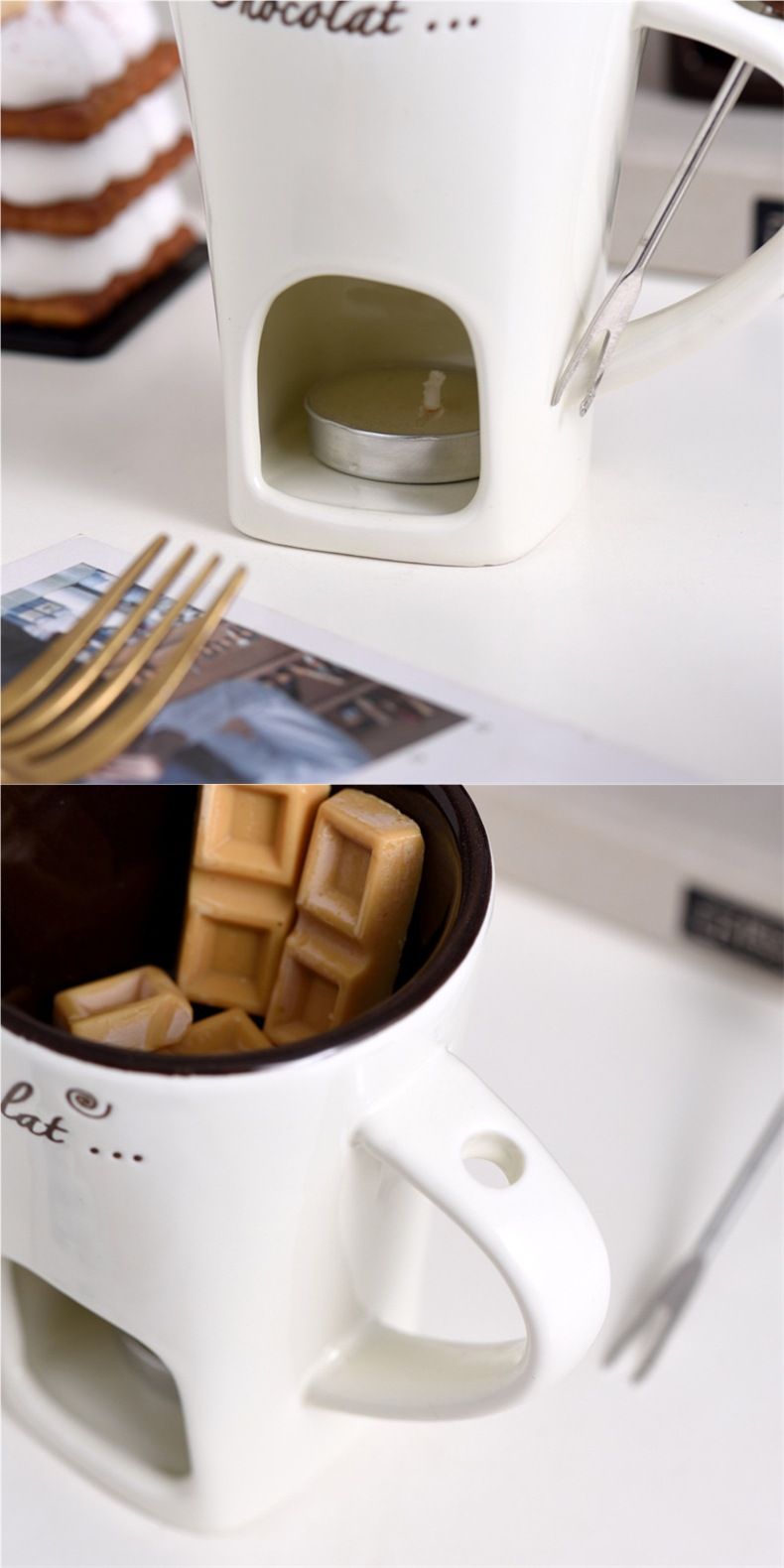 European Style Ice Cream Cheese Chocolate Melting Creative Ceramic Hot With Fork Candle Holder Heating Pot_voghion.com