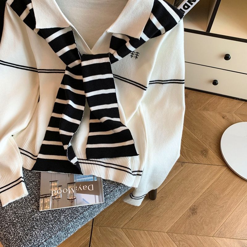 Korean Style Polo Lapel Sweater – Embroidered Pony & Striped Shawl Two-Piece Set (S/M/L/XL)_voghion.com