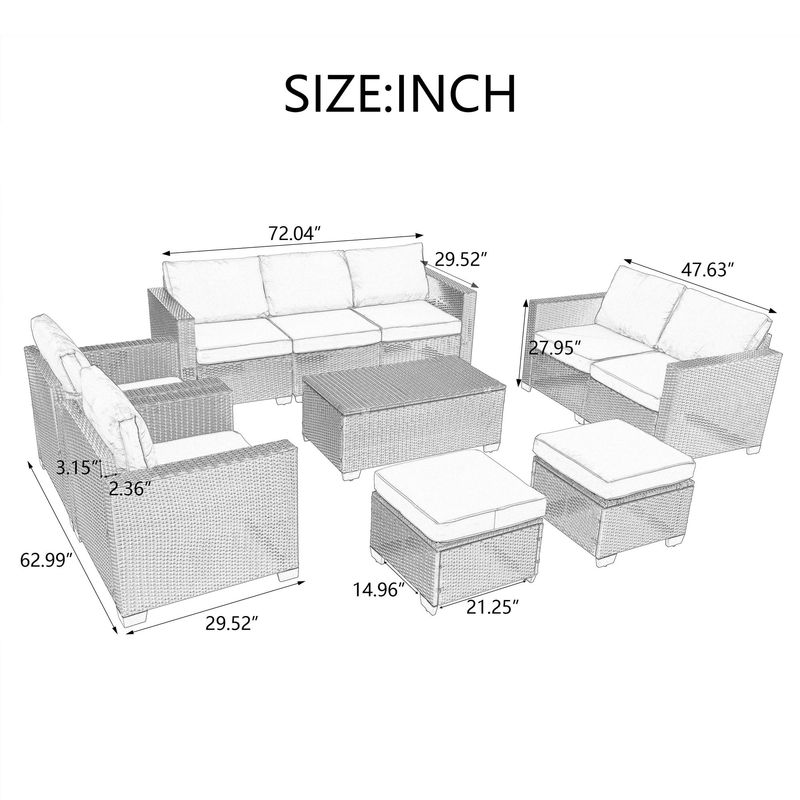 10 Piece PE Rattan Patio Furniture Set, Sectional Sofa Set, Outdoor Patio Furniture Set With Cushions & Tempered Glass Coffee Table_voghion.com