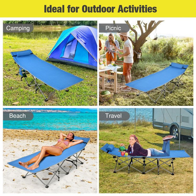 Folding Camping Cot with Side Storage Pocket Detachable Headrest_voghion.com