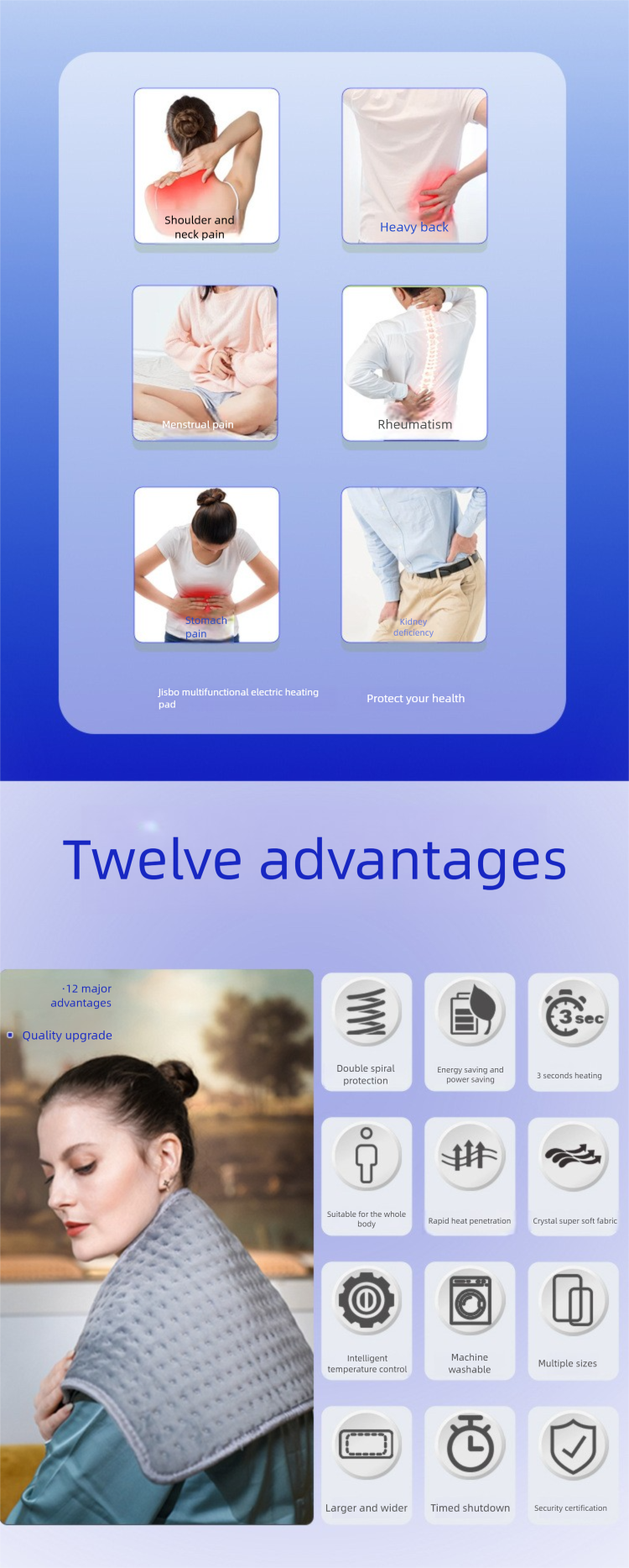 Far Infrared Heating Pad - Intelligent Temperature Control Hot Compress Health Electric Blanket, Washable_voghion.com