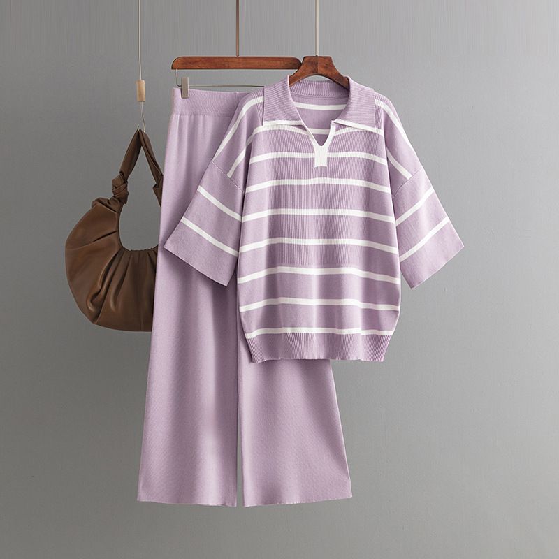 Women's Clothing contrast striped fashion suit new casual loose knitted wide leg pants two piece suit_voghion.com