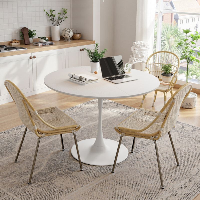 Tavolo da pranzo rotondo moderno da 47,24", quattro piani patchwork con venature in legno massello di colore bianco, tavolo da pranzo con base in metallo, tavolino da caffè per il tempo libero_voghion.com