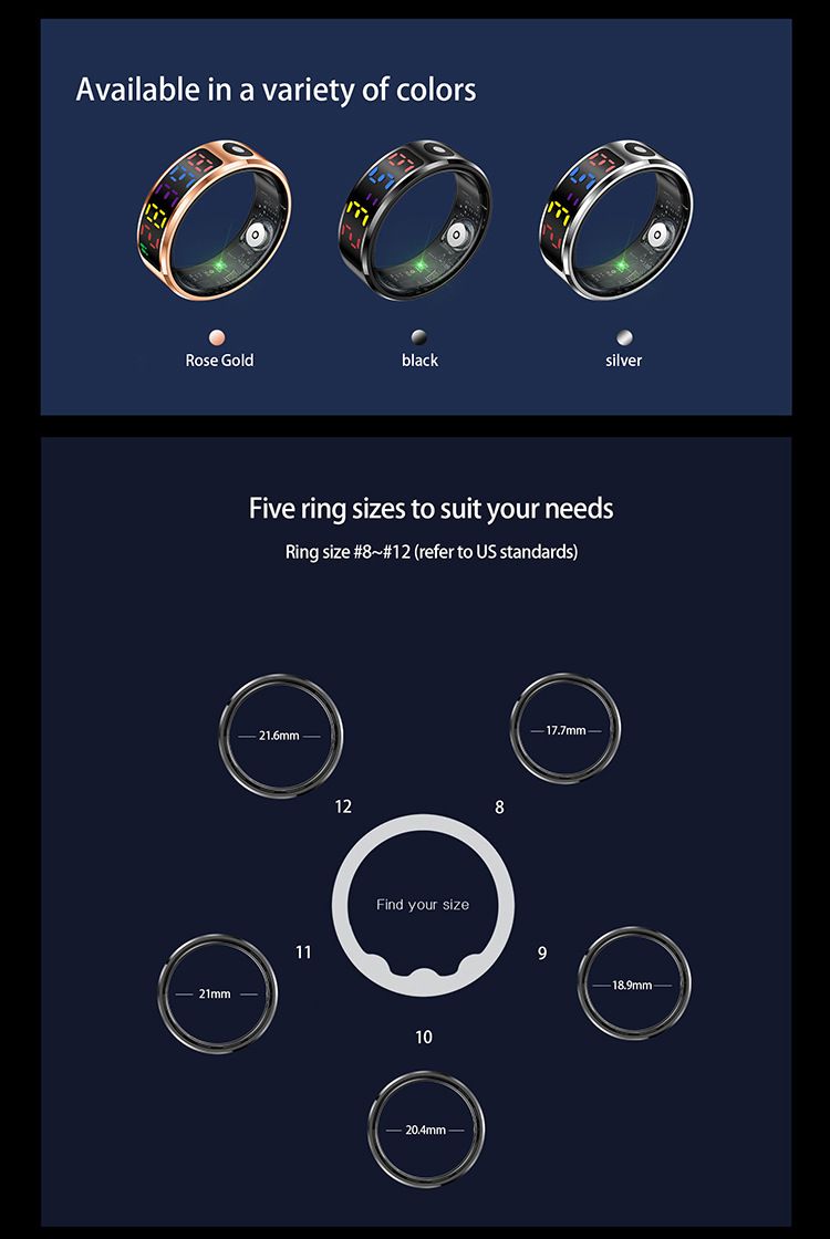 R12 Anello intelligente con schermo a colori per uomo e donna, anello fitness intelligente con tocco intelligente, frequenza cardiaca, ossigeno nel sangue, IP68 impermeabile_voghion.com