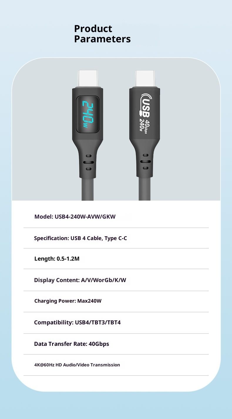 Câble de données numérique USB4 Digitex avec affichage Type-C, surveillance du courant, de la tension et de la puissance AVW PD240W, compatible Thunderbolt 4_voghion.com