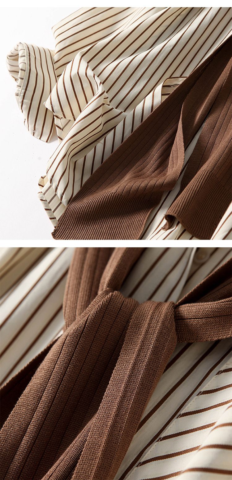 Damenbekleidung: Gestreiftes, bedrucktes Hemd für Damen – lässiges, zweiteiliges Oberteil mit Strickschal, das Sie schlank und jung aussehen lässt_voghion.com