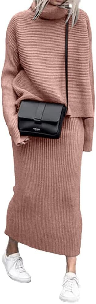 Pull à col roulé, couleur unie, mode décontractée, jupe tricotée, costume deux pièces_voghion.com