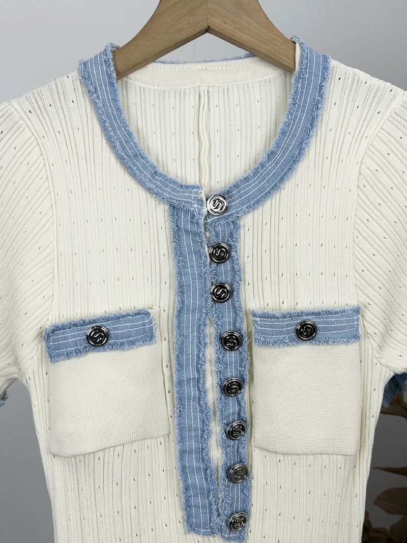Vêtements pour femmes été denim épissage contraste couleur robe tricotée taille mince jupe longue pour femmes_voghion.com
