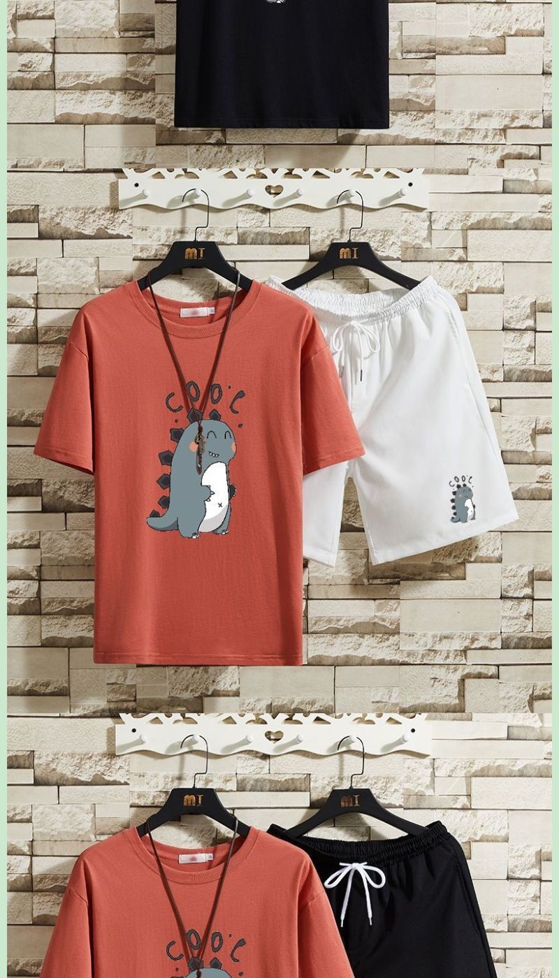 Men's Summer Hip Hop T-shirt cu mânecă scurtă cu dinozaur, pantaloni scurți largi, cu mânecă scurtă, set de două piese, 12_voghion.com