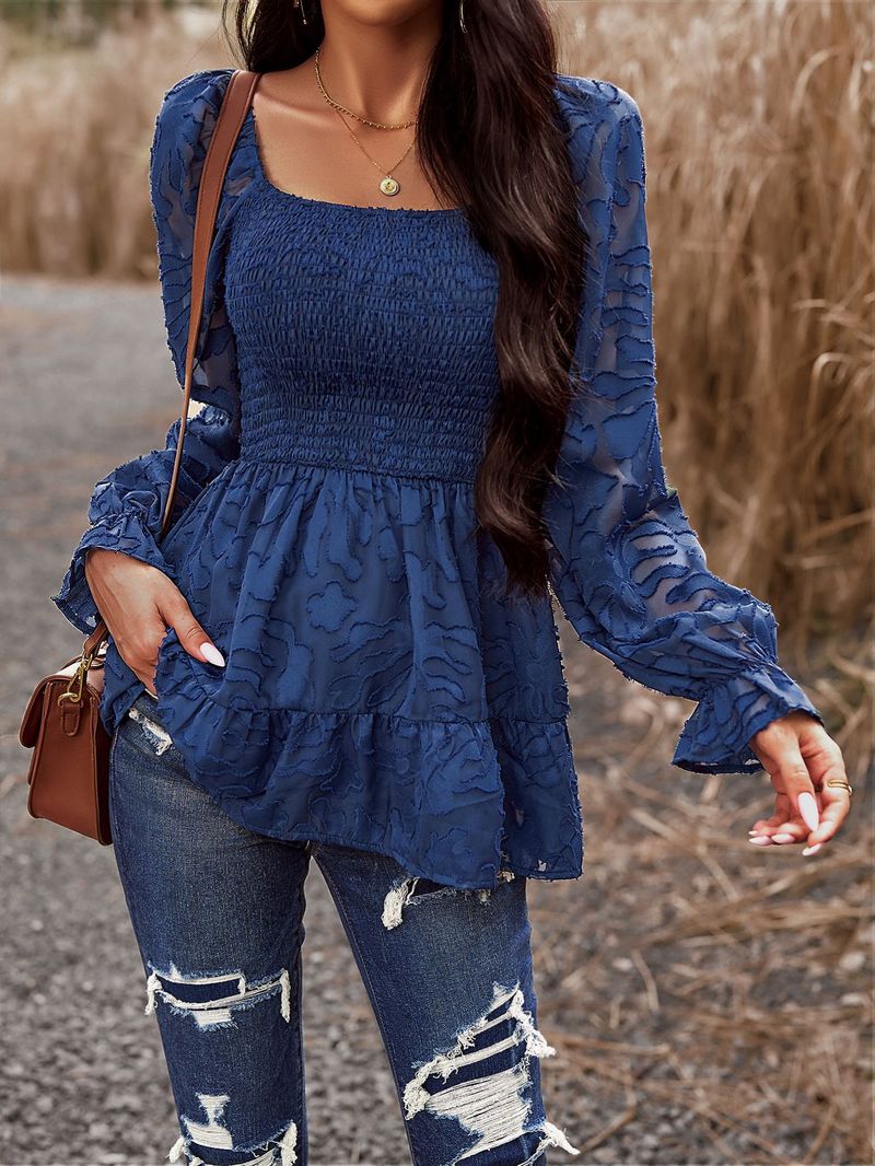 Jacquard shirt for women temperament elegant square collar long-sleeved top_voghion.com